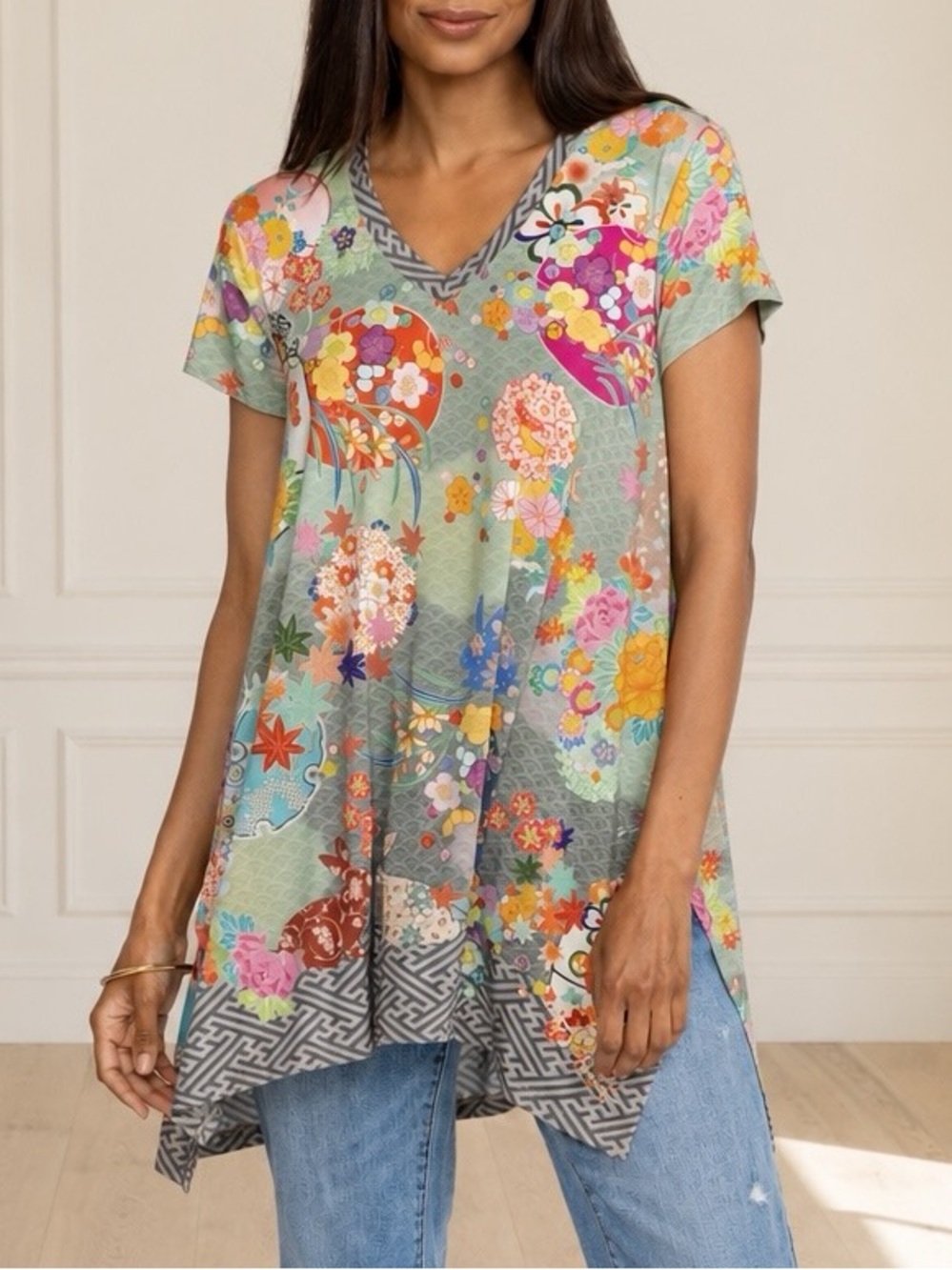 Johnny Was Multicolor Floral V-Neck Tunic with Sage Base